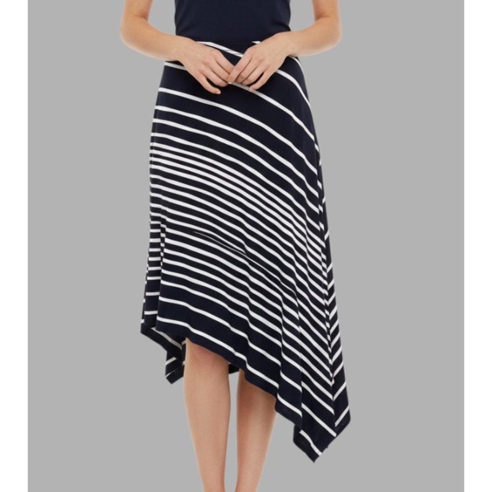 CHICO'S Soft Knit Asymmetrical Skirt DARK BLACK/BLUE/NAVY Diagonal Stripes 1/M/8